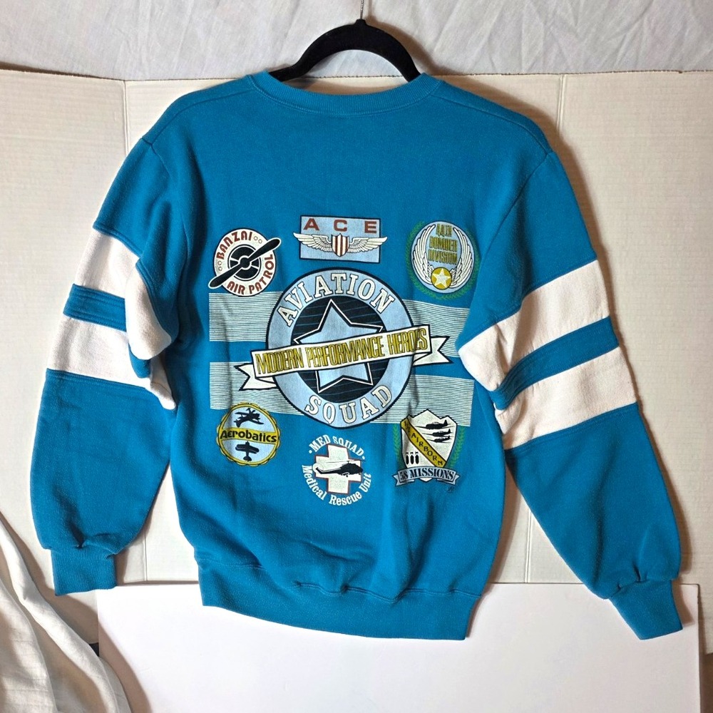 Jerzees Aviation Squad Graphic Print Fleece Pullover Sweatshirt Mens M Blue